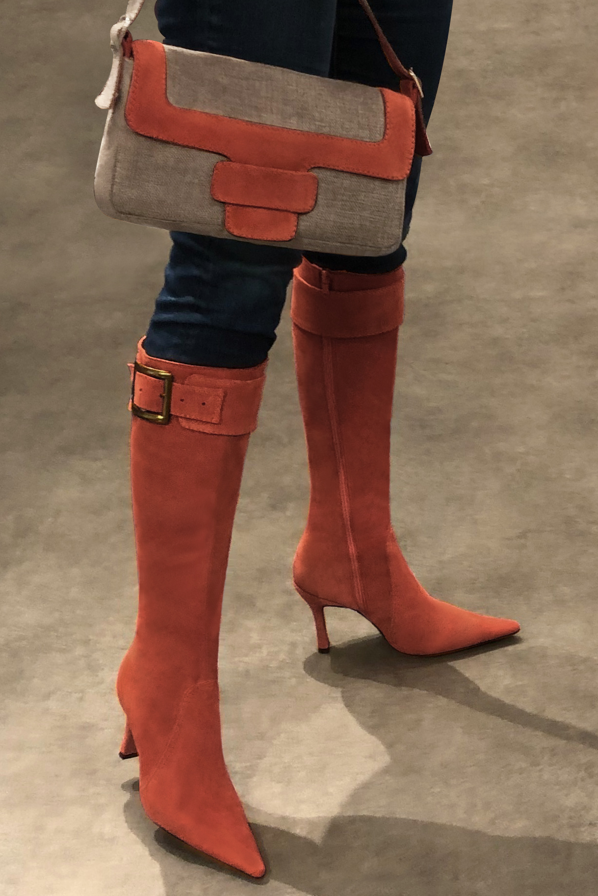 Terracotta orange women's feminine knee-high boots. Pointed toe. Very high spool heels. Made to measure. Worn view - Florence KOOIJMAN